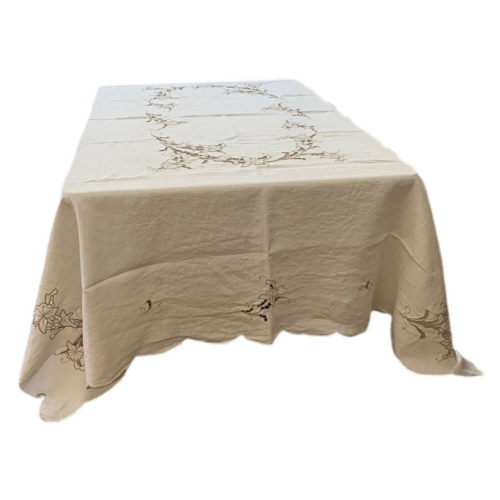 Linen Shabby Decor Cutwork Tablecloth Embroidered Cottagecore 61x76 Vintage